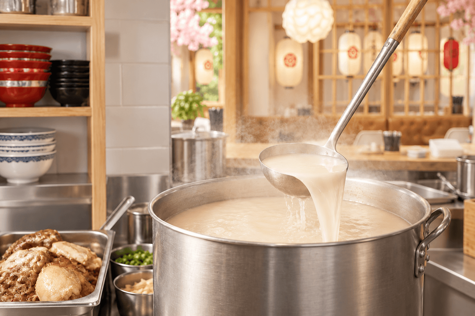 Caldo de ramen servido desde una olla en la cocina