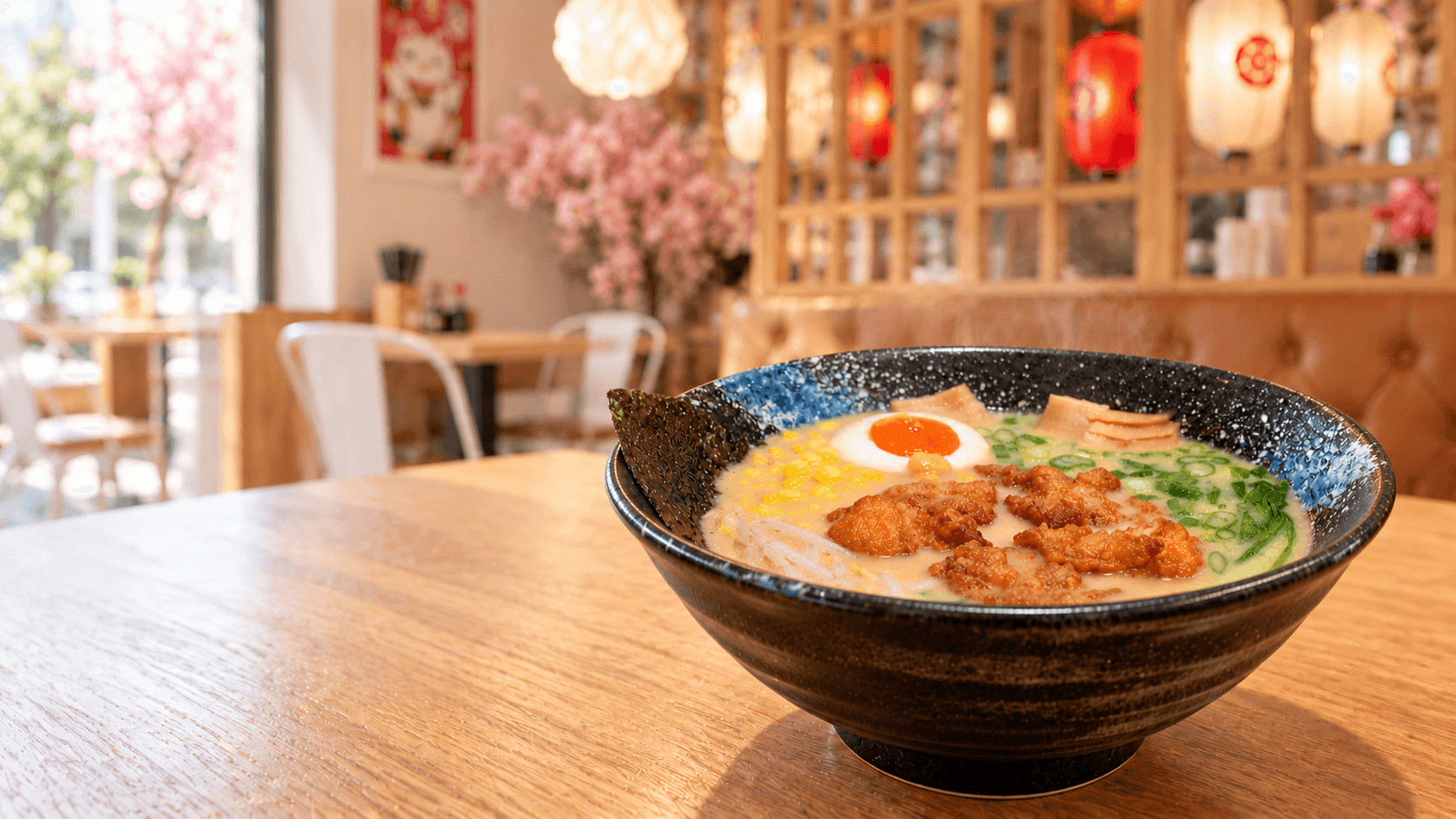 Bol de ramen de miso humeante sobre la barra de Fuji Ramen