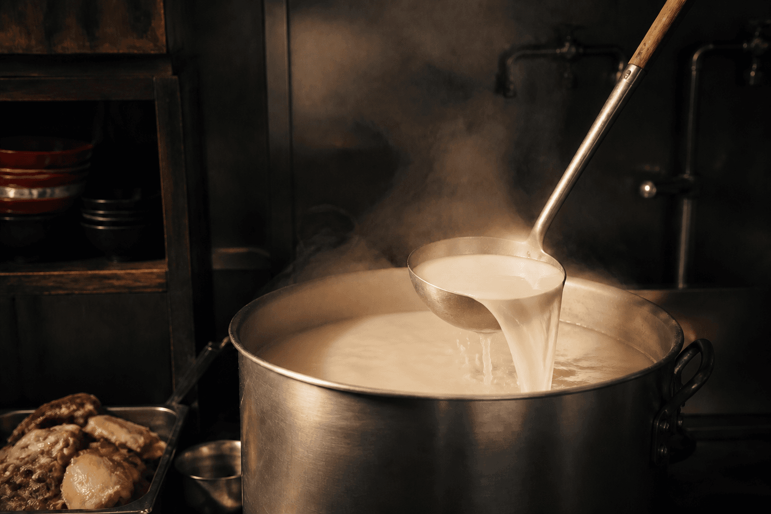 Caldo de ramen servido desde una olla en la cocina