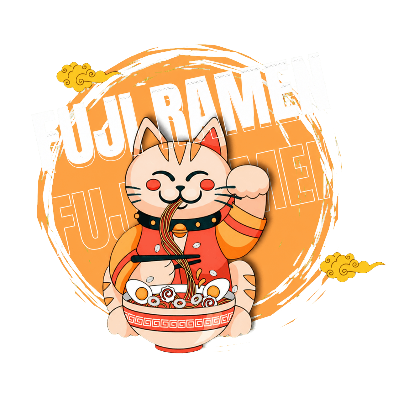 Ilustración de Fuji Ramen: un gato de la suerte comiendo ramen