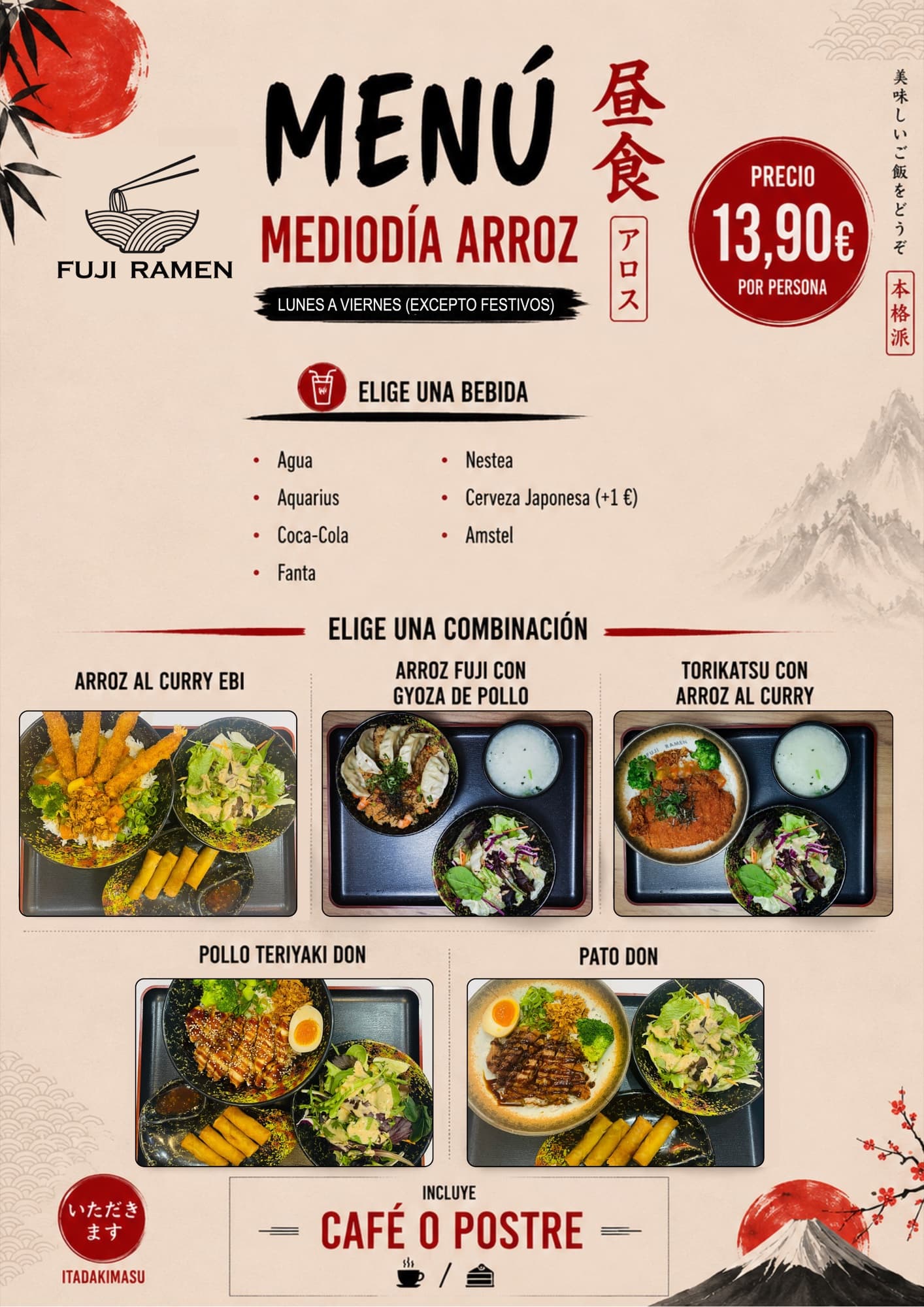 Cartel del menú mediodía de arroz de Fuji Ramen con bebidas y cinco combinaciones de arroz